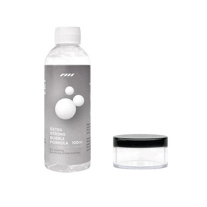 A clear bottle labeled SmokeNINJA Bubble Solution 100ml by PMI stands beside a small round black-lidded container—ideal for bubble fans seeking vivid effects or smoke-filled bubbles on a white background.