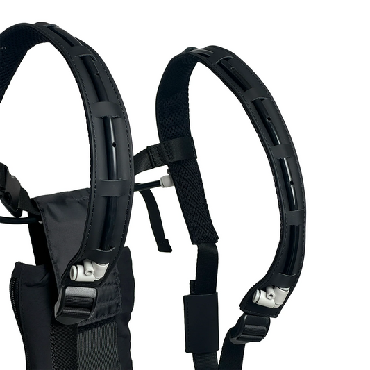 Close-up of two black padded, adjustable shoulder straps with ventilation holes and ergonomic design, like a pro harness, attached to the SmokeNINJA PRO/NINJA/GENIE PMI Smoke Vest by PMI.