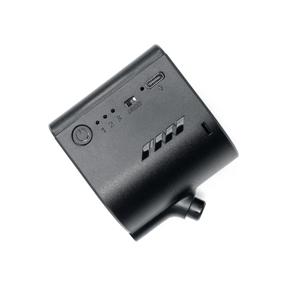 The PMI SmokeNINJA Bluetooth Haze Fan 2.0 is a black device with VortechMIX technology, a round power button, three LED indicators (1–3), slider switch, USB-C port, and vented area for sustained haze—all shown on a white background.