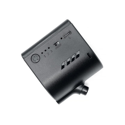 The PMI SmokeNINJA Bluetooth Haze Fan 2.0 is a black device with VortechMIX technology, a round power button, three LED indicators (1–3), slider switch, USB-C port, and vented area for sustained haze—all shown on a white background.