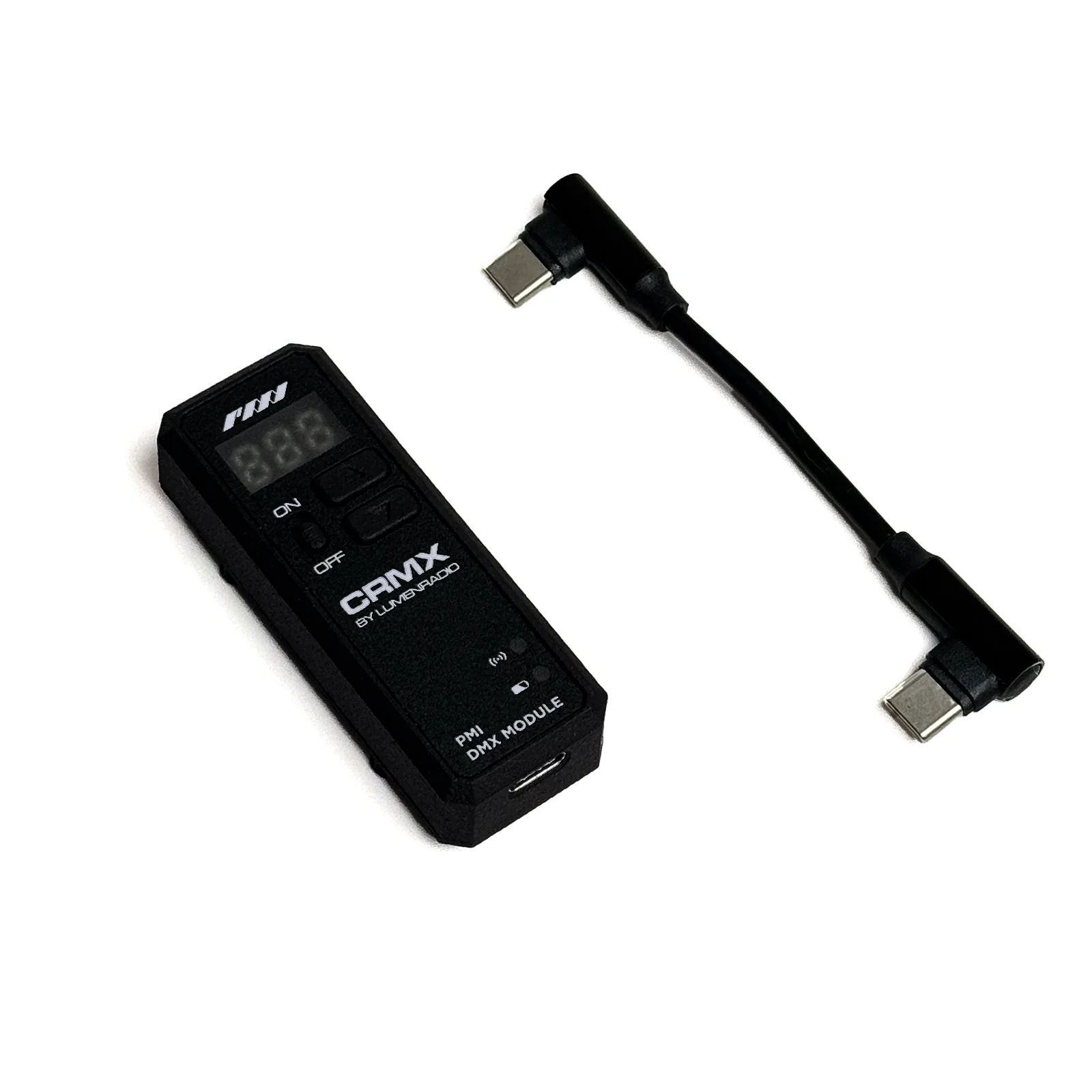 A rectangular black device labeled "SmokeNINJA PMI Wireless DMX Receiver" by PMI, with buttons and a display, uses Lumenradio CRMX wireless DMX. Shown on a white background next to a short black USB-C to USB-C adapter cable.
