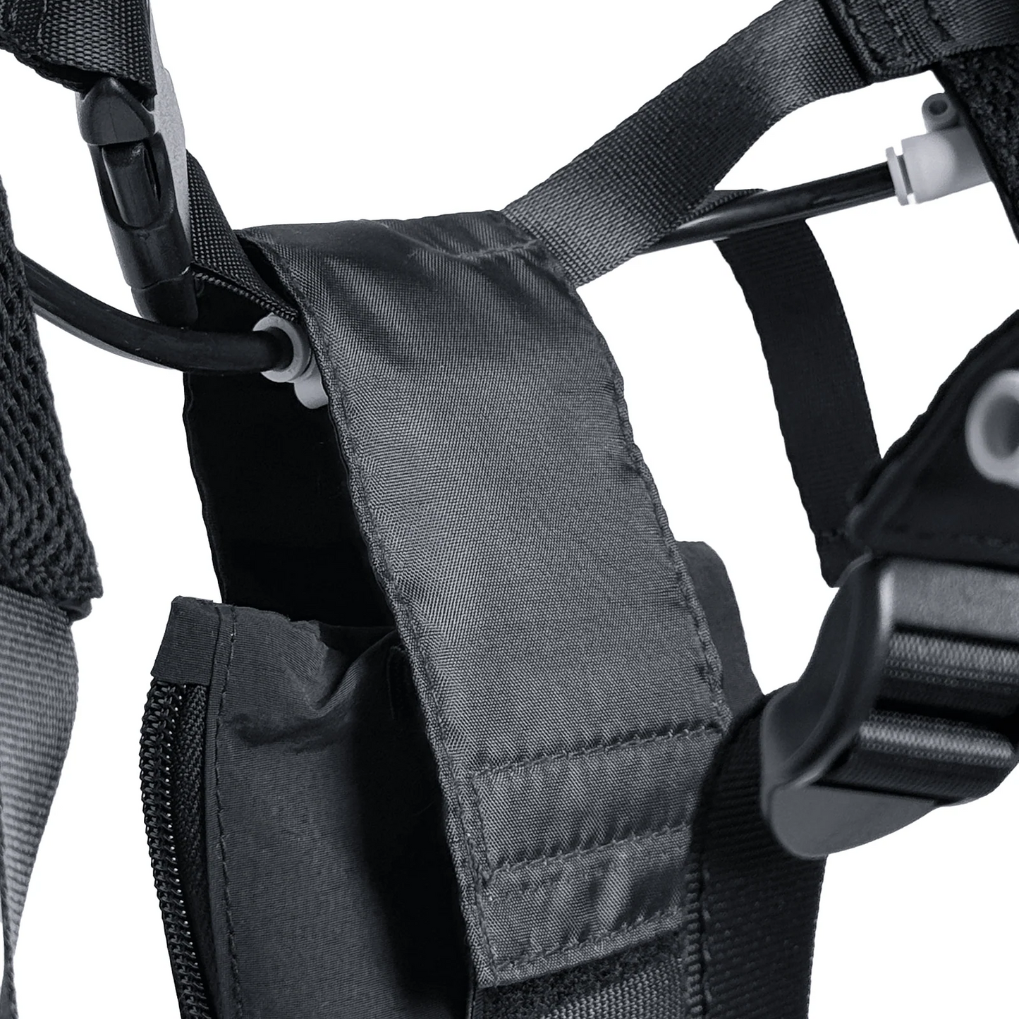 Close-up of black nylon straps with plastic buckles and webbing on the PMI SmokeNINJA PRO/NINJA/GENIE Smoke Vest, showing detailed stitching and adjustment points against a white background.
