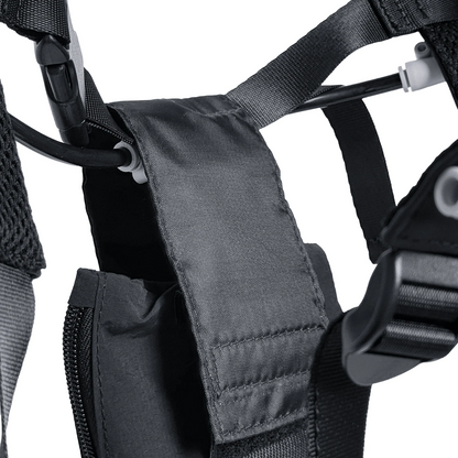 Close-up of black nylon straps with plastic buckles and webbing on the PMI SmokeNINJA PRO/NINJA/GENIE Smoke Vest, showing detailed stitching and adjustment points against a white background.