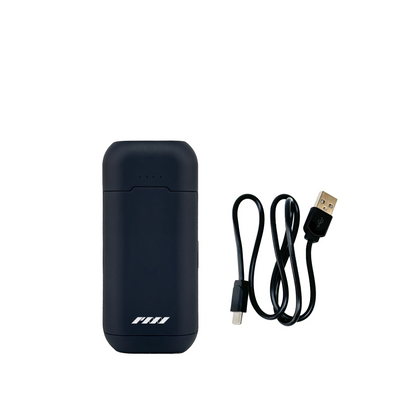The PMI SmokeNINJA Charger/Powerbank Kit includes a compact black 18650 power bank with four indicator lights and a black USB A to USB C charger cable, both displayed on a white background.