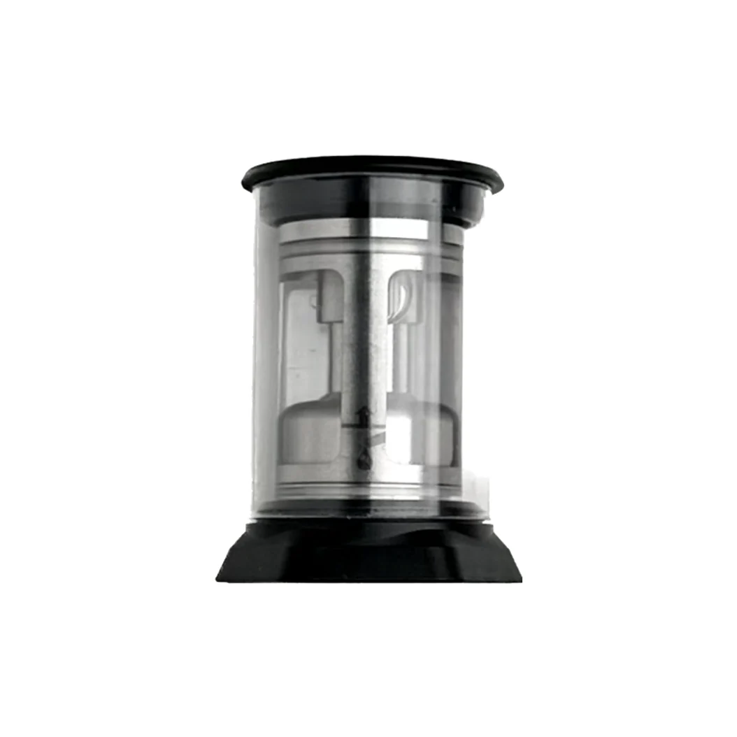 The PMI SmokeNINJA/GENIE Rep Shockproof Chamber is a transparent cylinder with a black base and lid, featuring a visible stainless steel mechanism—ideal for displaying your SmokeGENIE's fog output.