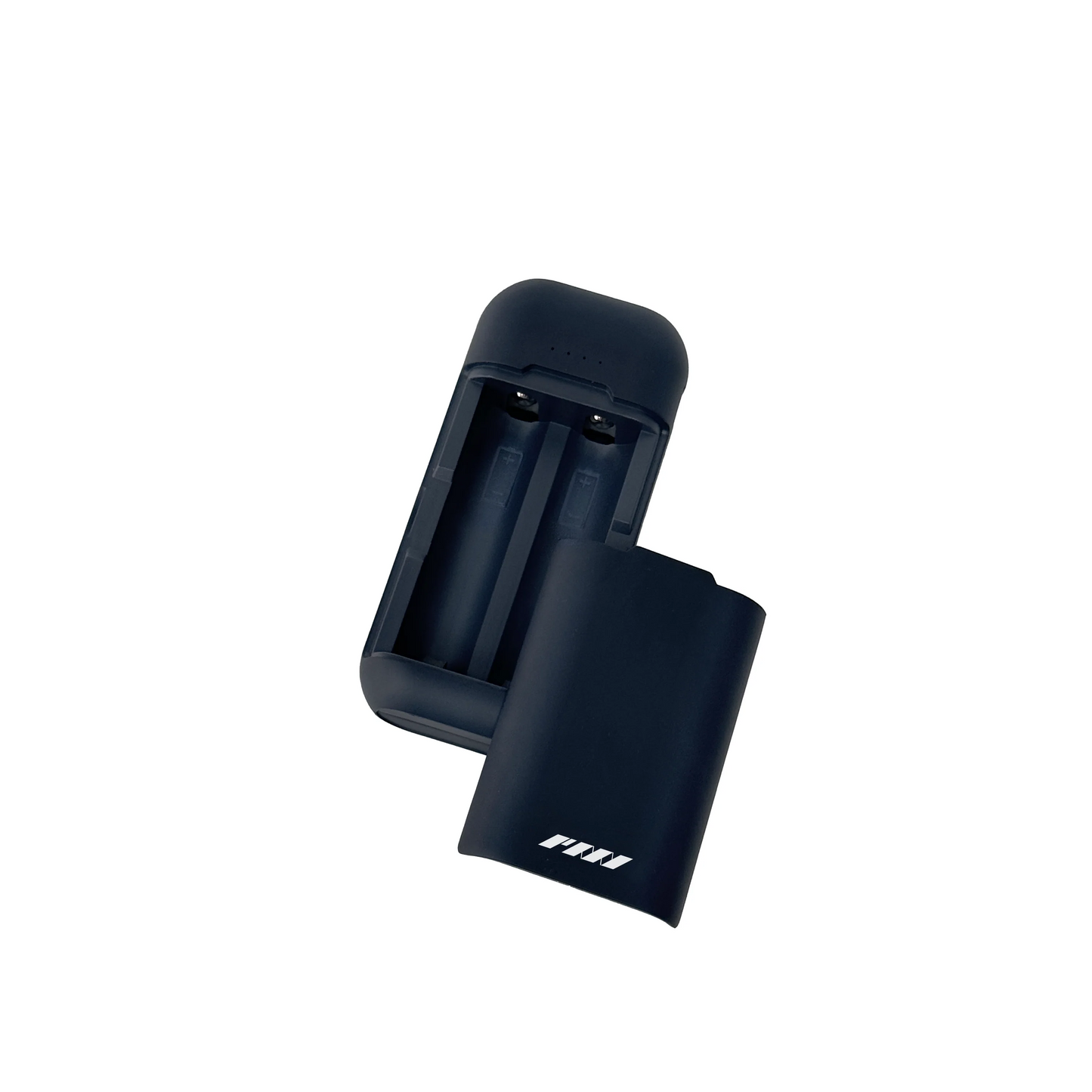 A PMI SmokeNINJA Charger/Powerbank Kit in black with its cover partially removed displays two empty battery slots. The charger features a simple, sleek design with a small PMI logo on the cover.