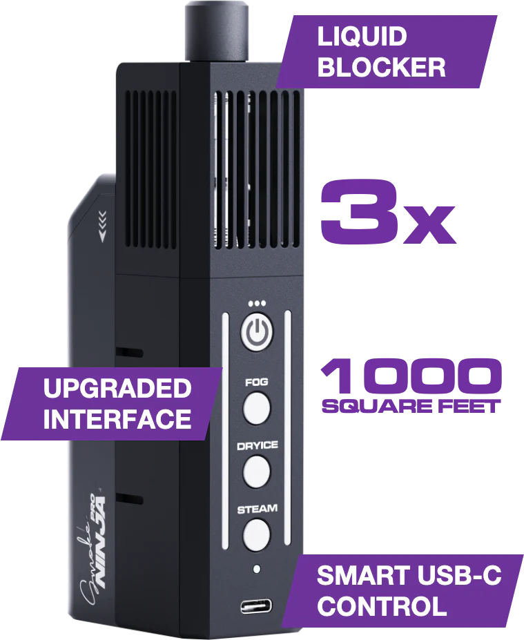 The PMI SmokeNINJA Pro Hazer Kit (Haze, Smoke & Low Fog) is a black portable hazer with labeled features, offering cinematic haze, Liquid Blocker, upgraded interface, 3x output/cooldown times, 1000 sq ft coverage per burst, and Smart USB-C control.