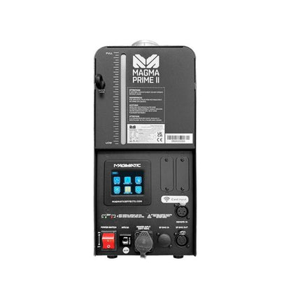 Back view of the Elation Magma Prime II, showing control buttons, power switch, input ports, and a top handle. Various labels and diagrams appear on this 700W water-based fazer’s exterior.