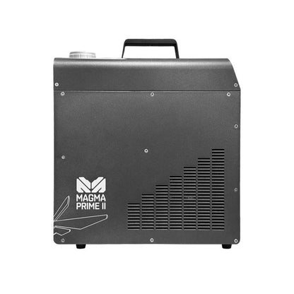Side view of a black Elation Magma Prime II with a top handle, vent holes, and the Elation logo on the lower left. Its design includes lines that resemble equalizer bars.
