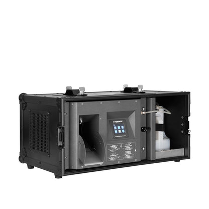 The Elation Magma Prime TOUR Hazer 1350W (1412000019) is a black, rectangular, water-based hazer in a hard case with digital control panel, DMX, fan opening, and right-side fluid compartment. Produces fine dry haze for versatile stage use.