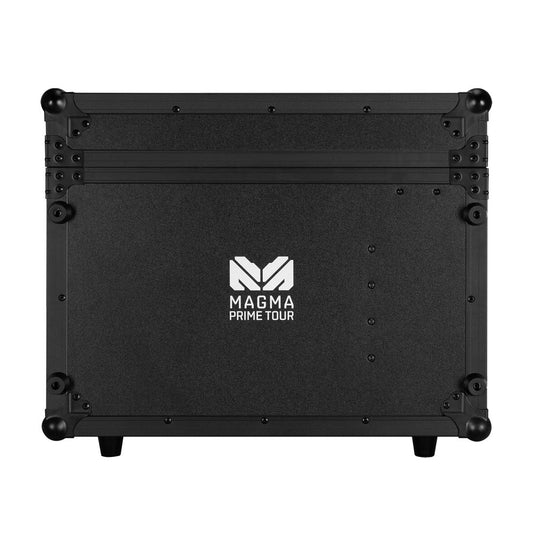 A sturdy black Elation-Magmatic Magma Prime TOUR-Hazer 1350W case with metal edges, feet, and white logo—perfect for safely transporting your water-based fazer and producing dry haze effects at any venue.