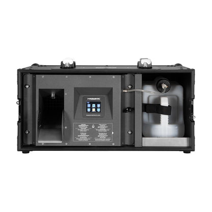 Front view of the Elation Magma Prime TOUR- Hazer 1350W shows a digital panel center, liquid reservoir right, and output vent left for dry haze—all in a rugged case. Offers water-based haze and DMX control from Elation.