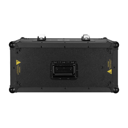 The Elation Magma Prime TOUR Hazer 1350W (1412000019) is shown front-facing in a sturdy black case with reinforced corners, two metal top latches, a central front handle, and yellow caution labels—ideal for safe transport.