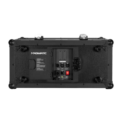 The Elation Magma Prime TOUR- Hazer 1350W (1412000019) is a black rectangular device with rubber corner protectors, control panel, ports, and buttons. It offers DMX control and produces a dry haze effect with water-based fazer technology.