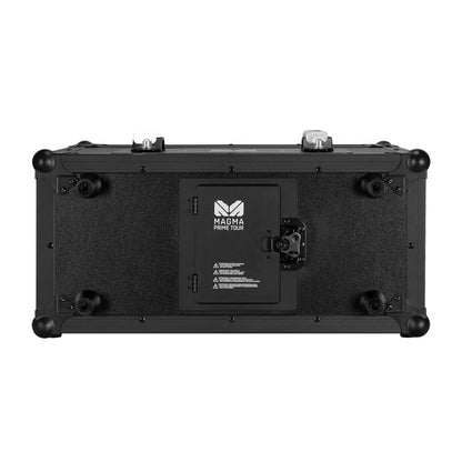 Elation Magma Prime TOUR Hazer 1350W shown from below, highlighting its protective bumpers, four rubber feet, sturdy metal hinges, and central panel with Magma logo and warning label—perfect for DMX or water-based fazer use.