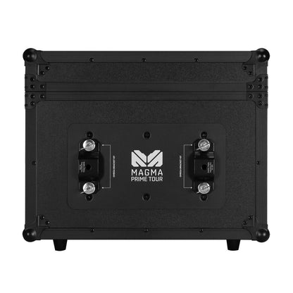 Front view of a black rectangular Elation - Magma Prime TOUR- Hazer 1350W case with metal corners, secure latches, sturdy handles, and the Elation logo—ideal for protecting your water-based haze unit with full DMX control.