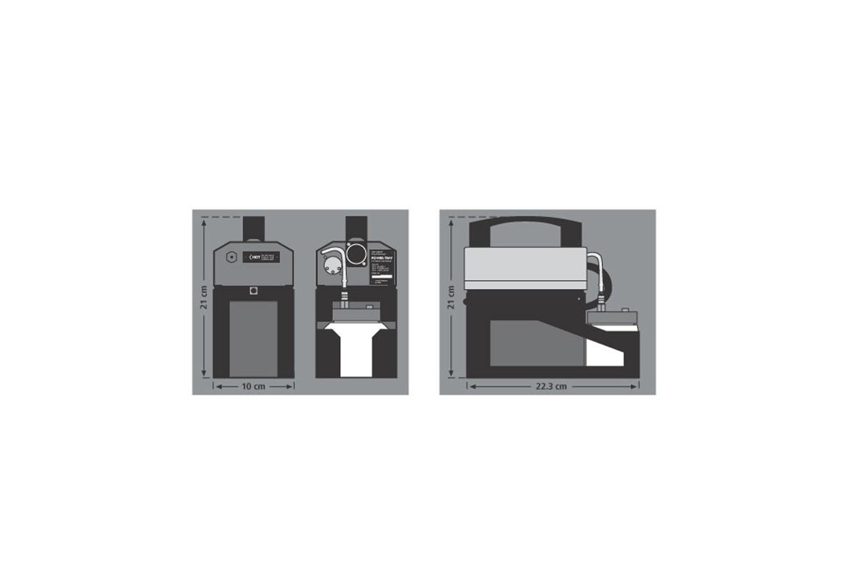 Diagram showing front and side views of the Look Solutions POWER-TINY Hand Held Small Fog Generator (LOO300), with dimensions labeled: 19 cm tall, 10 cm wide, and 23.3 cm deep. Front controls for powerful fog output are visible.