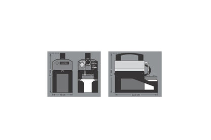 Diagram showing front and side views of the Look Solutions POWER-TINY Hand Held Small Fog Generator (LOO300), with dimensions labeled: 19 cm tall, 10 cm wide, and 23.3 cm deep. Front controls for powerful fog output are visible.