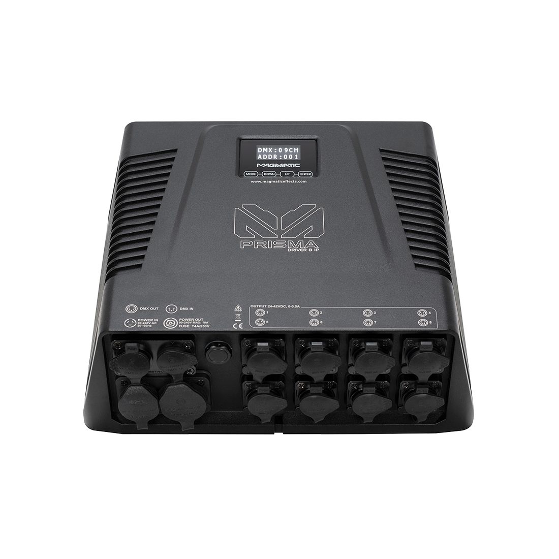 The Magmatic Prisma Driver 8 IP is a black electronic device with multiple ports and connectors on the front panel, DMX-512 control capabilities, ventilation grilles on the sides, and a small display screen at the top center. This weatherproof 48VDC driver from Magmatic ensures reliable performance in various conditions.