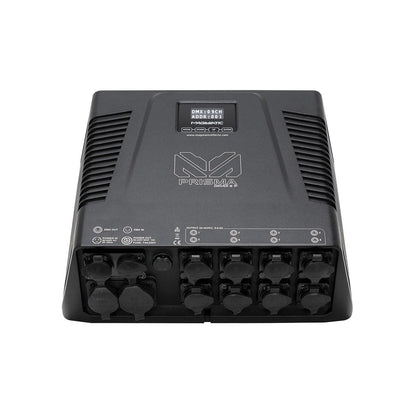 The Magmatic Prisma Driver 8 IP is a black electronic device with multiple ports and connectors on the front panel, DMX-512 control capabilities, ventilation grilles on the sides, and a small display screen at the top center. This weatherproof 48VDC driver from Magmatic ensures reliable performance in various conditions.
