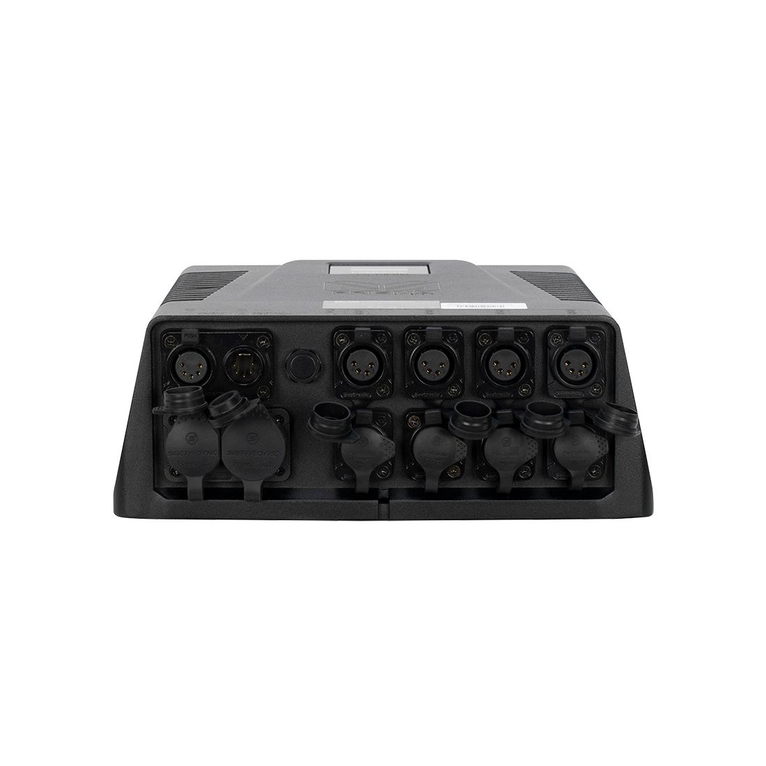 A black electronic audio interface, such as the Magmatic Prisma Driver 8 IP by Magmatic, featuring multiple XLR and various input/output ports—including DMX-512 control support—on its front panel, is viewed from the rear-center angle against a white background.