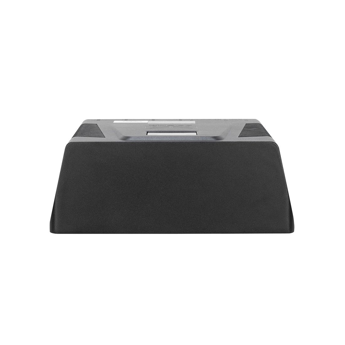 A black, rectangular Magmatic Prisma Driver 8 IP electronic device by Magmatic is viewed from the front, featuring a slanted surface and a small display screen on top—equipped with a weatherproof 48VDC driver for reliable performance and DMX-512 control for versatile connectivity—isolated on a white background.