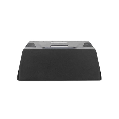 A black, rectangular Magmatic Prisma Driver 8 IP electronic device by Magmatic is viewed from the front, featuring a slanted surface and a small display screen on top—equipped with a weatherproof 48VDC driver for reliable performance and DMX-512 control for versatile connectivity—isolated on a white background.