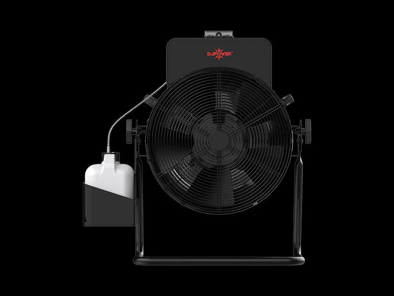 Black fan-style DJ Power H-SIP7 SNOWSTORM rainproof snow machine with an attached fluid container mounted on a metal stand.