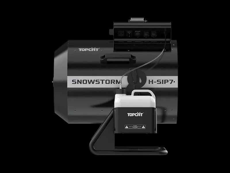 Black rainproof DJ Power DJ Power H-SIP7 SNOWSTORM snow machine with a connected fluid tank and a control panel mounted on top.