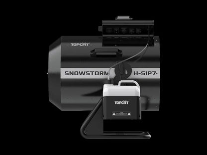 Black rainproof DJ Power DJ Power H-SIP7 SNOWSTORM snow machine with a connected fluid tank and a control panel mounted on top.