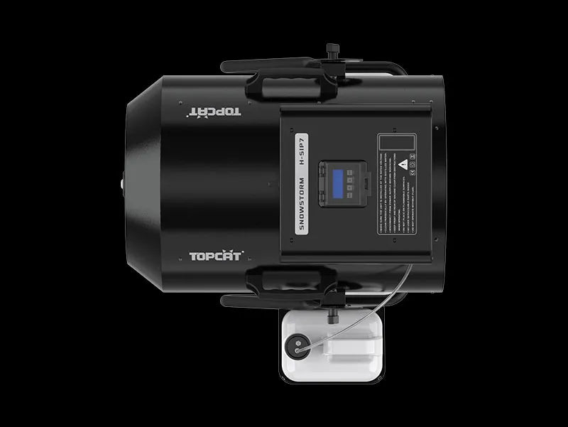Top-down view of a black, rainproof DJ Power DJ Power H-SIP7 SNOWSTORM industrial snow machine with a rear-mounted control panel, an attached fluid tank, and carrying handles.