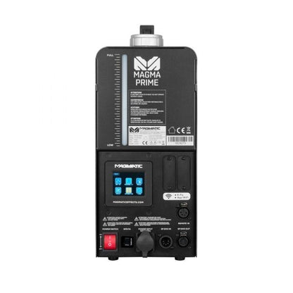Rear view of the Elation Magma Prime Hazer 700W (ELA-1412000001) showing the control panel, DMX-512 port, power switch, connection ports, display screen, Elation branding at the top, and technical info labels.