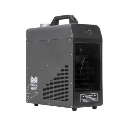 The Elation Magma Prime Hazer 700W (ELA-1412000001, discontinued) is a black, box-shaped water-based hazer with a top handle, side vents, DMX-512 control, and a transparent front panel revealing components and a warning label below.