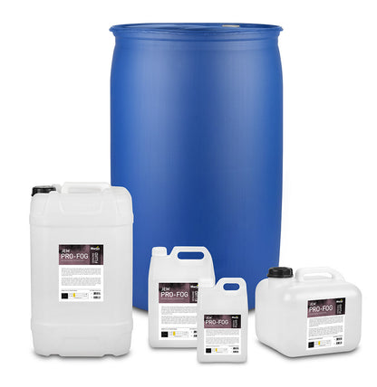 Five containers—four white and one large blue barrel—are labeled JEM, containing Martin / JEM Pro-Fog Fluid, Extra Quick Dissipating (Smoke), designed for professional steam simulation or fast-dissipating fog effects.