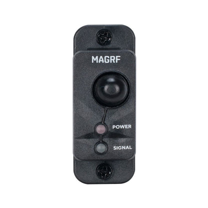A black rectangular electronic device labeled Elation Magmatic MagRF-R (Receiver Only) with a round central sensor and two indicator lights—POWER and SIGNAL—mounted by two visible screws.