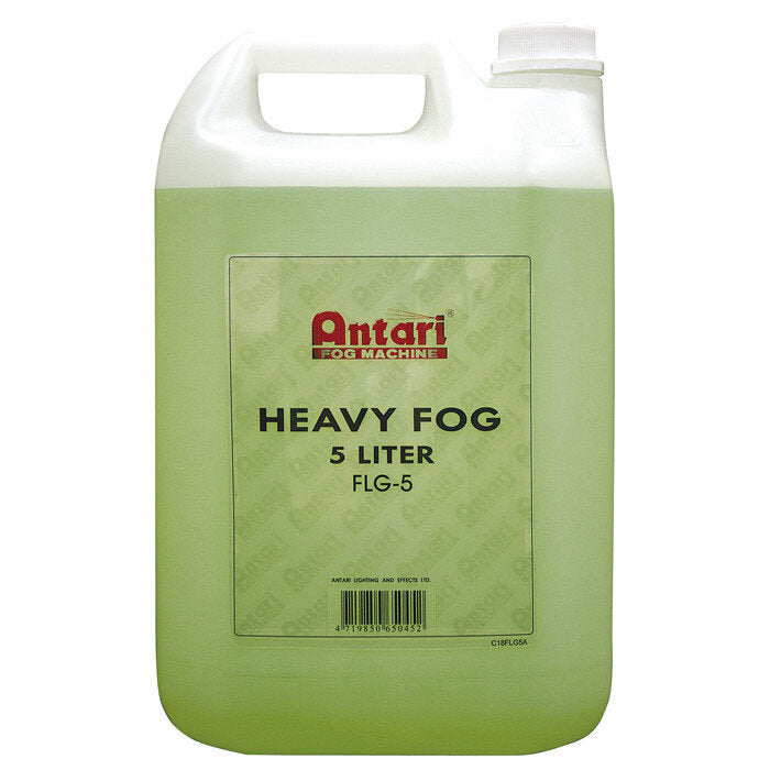 A five-liter jug of green Antari Smoke fluid Heavy version FLG-5 labeled Heavy Fog.