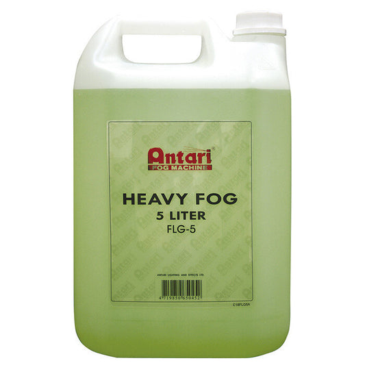 A five-liter jug of green Antari Smoke fluid Heavy version FLG-5 labeled Heavy Fog.