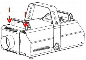 Black and white line drawing of a JEM ZR45 fog machine with three red arrows pointing to the handles on top. Illustration highlights the ducting system compatibility using the Martin / JEM ZR45 Ducting System (92625014).