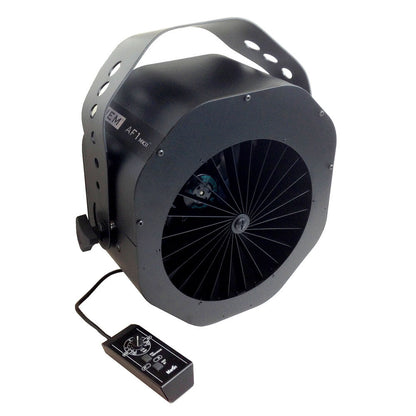 The JEM AF 1 Fan MKII DMX and Remote 230v (92615010) by JEM is a black stage effect fan with a round grill, adjustable mounting bracket, and wired remote for speed and mode control.