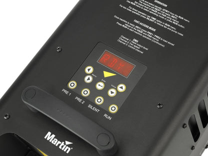 Close-up of a JEM Martin Hazer Pro 230v - 600W Trackless Heater (92225940) control panel, showing the digital display reading RdY, navigation buttons, and operating instructions printed above.