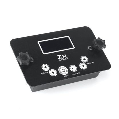 Black electronic control panel labeled Martin Remote Control Digital JEM ZR Series 92765048 by JEM, featuring a small display, two large knobs, and white Menu, Fog, Enter, and Value buttons on a flat rectangular surface for integrated remote control.