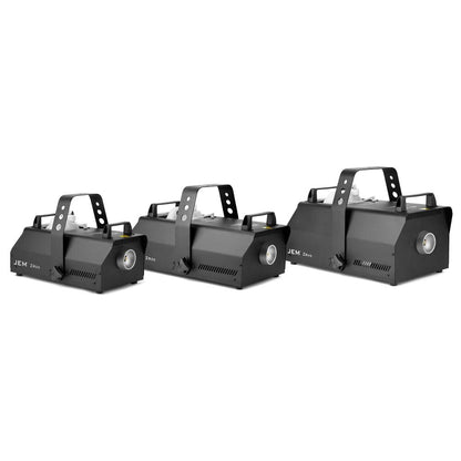Three black JEM professional fog machines, including the JEM ZR25 230V/50-60Hz, are lined up side by side, each featuring a sturdy handle on top and side vents.