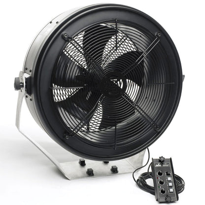A large, industrial-style Martin / JEM AF 2 Fan DMX and Remote 230v by JEM Martin, featuring a metal frame and control panel connected by a cord, is displayed on a white background.