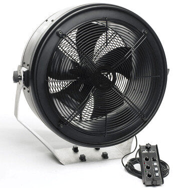 The JEM Martin JEM AF 2 Fan DMX and Remote 230v is a large industrial black and silver stage fan with a metal frame and separate cabled remote control panel, shown on a white background.