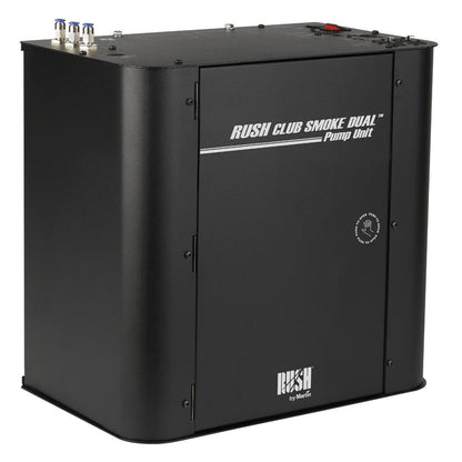 The JEM Dual Rush Club BASE 230v (92250130) is a compact black fog machine with top-mounted controls and front JEM branding—perfect for clubs seeking a dual DMX-controlled smoke system.