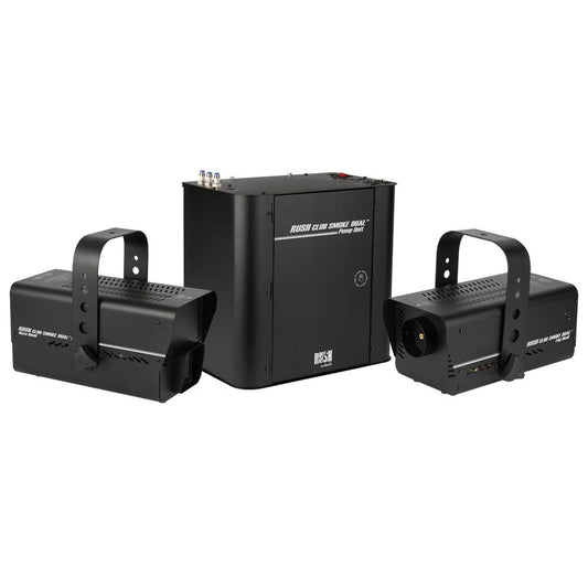Three black stage lighting devices: two are rectangular with handles and vents, and one is a larger JEM Martin Dual Rush Club BASE 230v, a DMX-controlled fog and haze machine labeled in white.