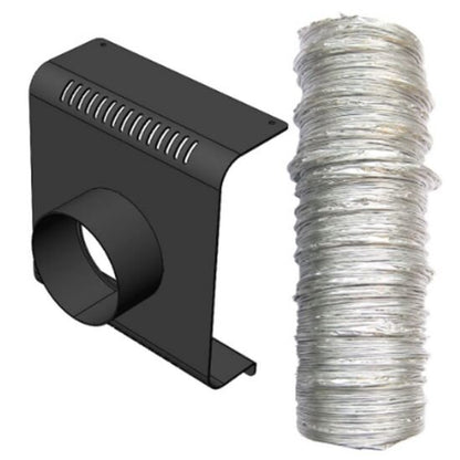 A black vent hood adapter with a round opening is displayed beside a coiled silver duct hose—essential components of the JEM Martin ZR45 Ducting System (92625014), perfect for reliable ventilation in professional setups.