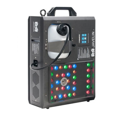 The Elation-Magmatic Javelin Up Smoke 1450W fog machine from the Rocket series features a black body, handle, control panel, container, and multi-color (red, green, blue, white) LEDs on its front panel.