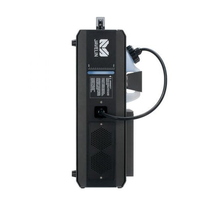 The Elation-Magmatic Javelin Up Smoke 1450W is a black, rectangular industrial CO₂ simulator fog machine with vents and a clear canister connected by a flexible black hose, standing vertically on a white background.