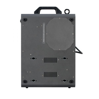 The Elation-Magmatic Javelin Up Smoke 1450W, a gray rectangular device from the Rocket series, is shown from the back with ventilation slots, a top handle, side cord, and multiple screws and mounting holes on its surface.